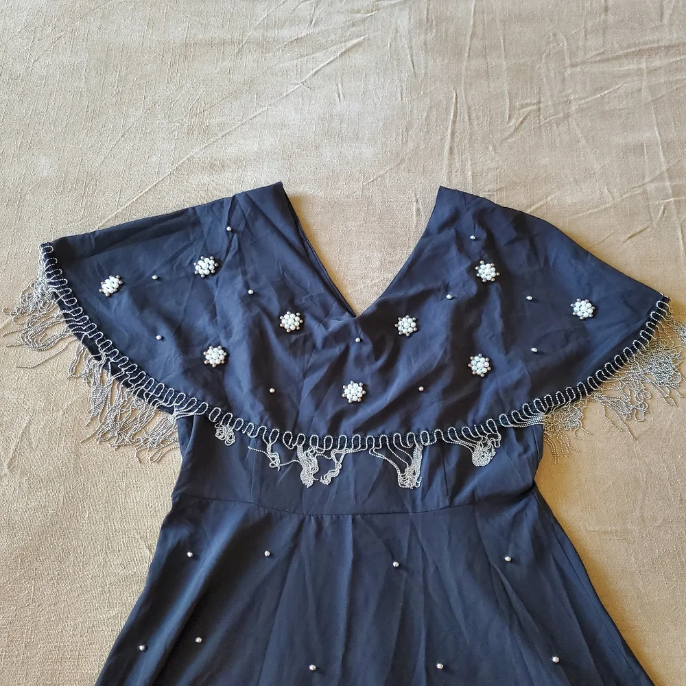 Shein Pearl Embellished Fringe Capelet Dress Small